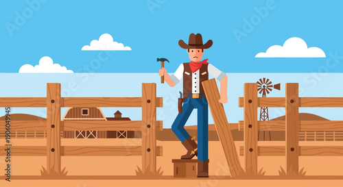 A cartoon cowboy character in a hat and vest, holding a hammer and a wooden plank, building a rustic fence on a sunny western farm.