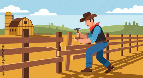 A cowboy diligently repairing a broken wooden fence with a hammer on a sunny farm landscape.