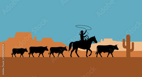 A silhouette of a cowboy on horseback swinging a lasso while herding a line of cattle through a stylized desert landscape under a blue sky.