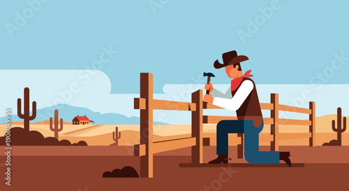 A cowboy in Western attire kneels to hammer a wooden fence post in a sun-drenched desert landscape with cacti and a distant ranch house.