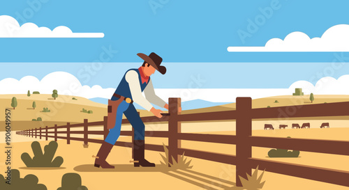 A cowboy in a hat and vest leans over to inspect a wooden fence in a dry, open ranch landscape under a blue sky.