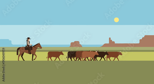 A cowboy on horseback herds a line of cattle across a wide, open Western landscape under a bright sky.