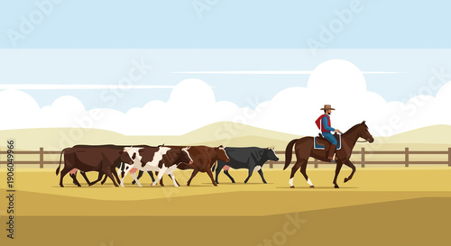 A cowboy on horseback is herding a line of cattle across an open field under a clear sky, with a wooden fence in the background.