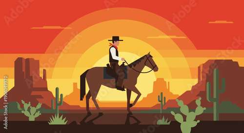 Western cowboy riding a horse through a desert wilderness with towering cacti during a beautiful sunset.