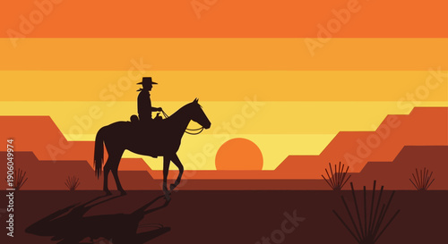 A lone rider on horseback traverses a vast western desert landscape under a radiant golden sunset sky.