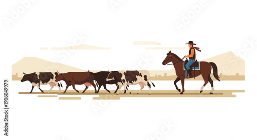 A cowgirl on horseback herding a line of dairy cattle across a vast, open landscape with distant hills under a clear sky.