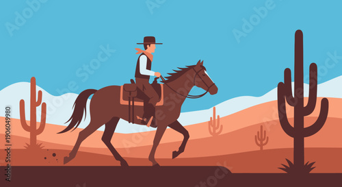 A lone cowboy rides his horse across a vast desert landscape with towering saguaro cacti under a clear blue sky.