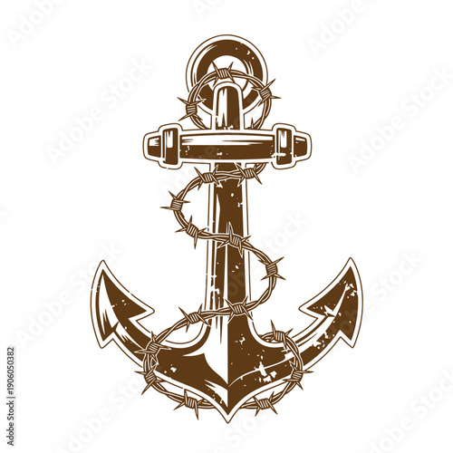 Vintage Grunge anchor wrapped with a thorn wire isolated on white background