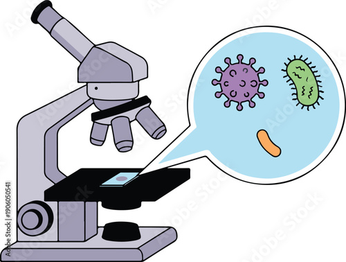 Microscope viewing virus and bacteria samples, medical science vector illustration