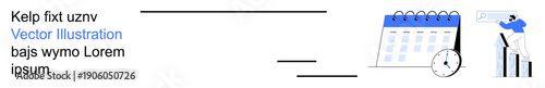 Time management, scheduling, productivity, business planning, analytics, organization. Calendar with clock and bar chart. Time management and scheduling concept