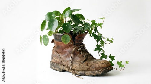 An old leather boot with a houseplant inside it against a white background