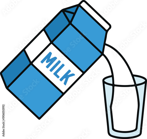 Blue milk carton pouring into a glass, clean flat vector illustration