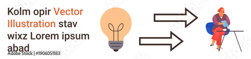 Creativity, idea generation, communication, innovation, business solutions, workplace concepts. A lightbulb with arrows leading to a person seated at a desk. Creativity and idea generation