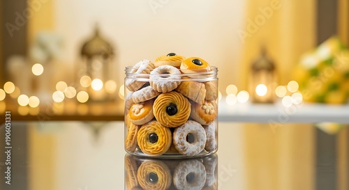 Transparent snack jar filled with cookies on a reflective glass table, soft bokeh background, luxury Lebaran mood with elegant lighting, clean composition, and premium commercial stock style.