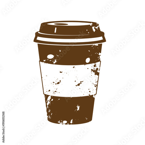 Grunge texture Grungy illustration of a disposable coffee cup with lid and blank label  everyday takeout container Vintage Style