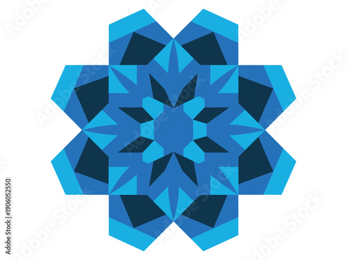 A blue geometric pattern resembling a snowflake or mandala on a white background