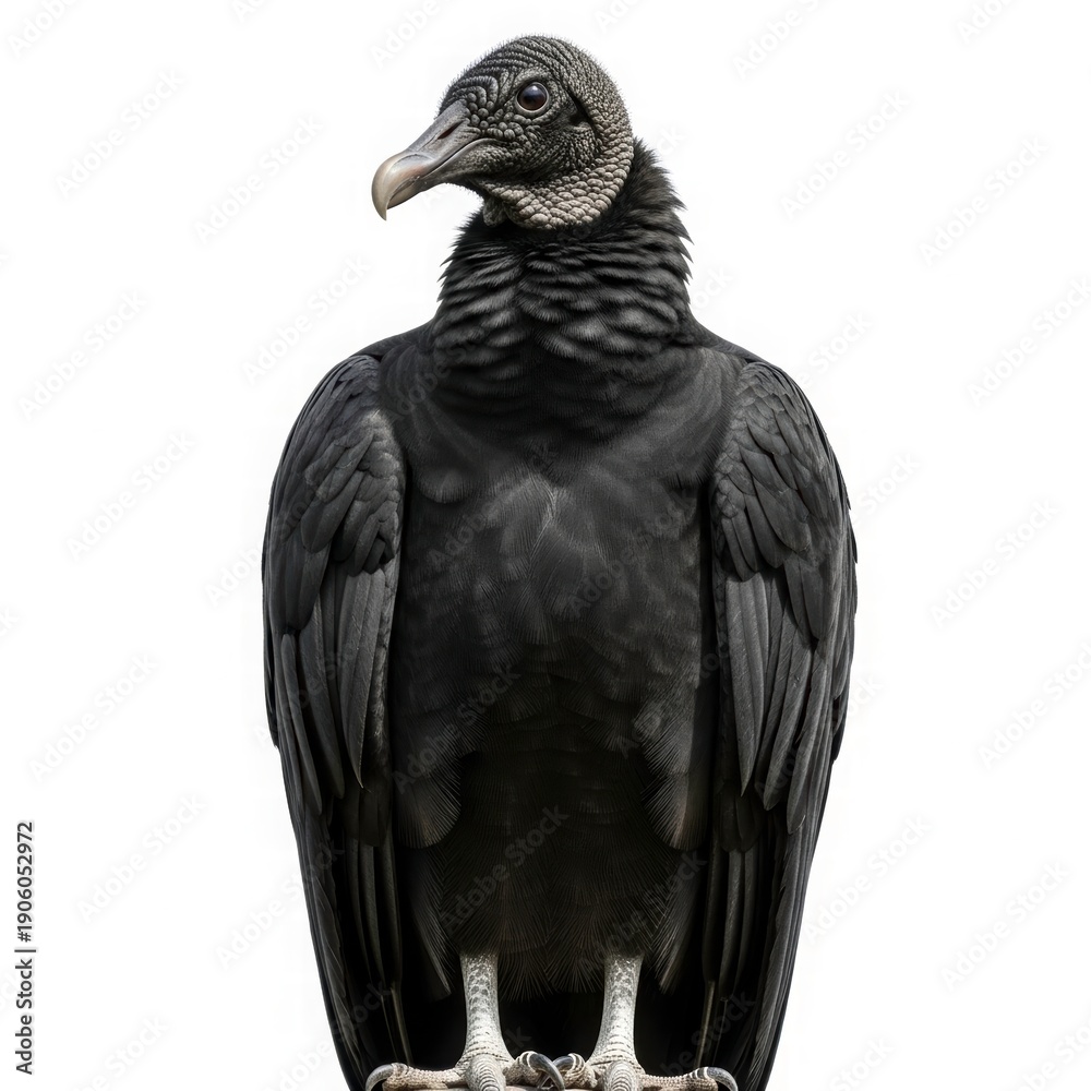 Fototapeta premium Black Vulture's Perch: A majestic black vulture stands proudly, its dark plumage contrasting with the background.