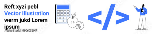 Developer pointing at code symbol, calculator, apple, and broccoli represent coding, learning, productivity, nutrition, and balance. Ideal for tech education wellness tutorials blogs apps