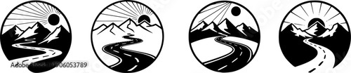 Mountain road logo set. Winding path through a mountain range landscape. Minimalist round vector icon for travel, adventure, and journey concepts. Sun, peaks, and highway symbol.