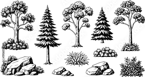 Collection of hand drawn forest elements including trees bushes and rocks in black and white
