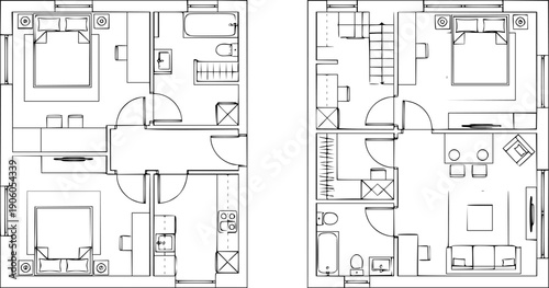 Two modern minimalist floor plans showing interior layouts with bedrooms and living spaces
