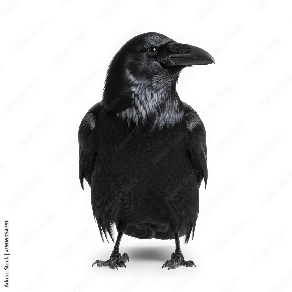 Fototapeta premium Majestic Raven Portrait: A solitary raven, its ebony plumage gleaming, stands with an air of watchful curiosity. The image is captured with a stark and elegant simplicity. 