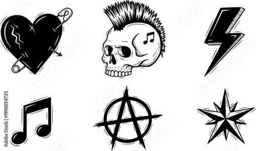 Collection of hand drawn punk rock doodles and symbols including hearts skulls lightning bolts and music notes
