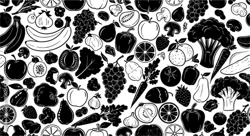 Detailed monochrome pattern featuring various fruits and vegetables in a seamless design
