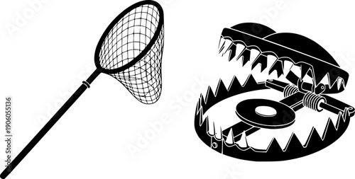 Trap and net icon set. Catching, hunting, and fishing tool. Metaphor for risk, danger, addiction, and capture. Business trap, bait, snare, phishing, and mistake concept.