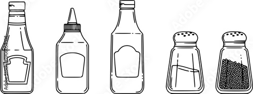 Condiment line icon set vector. Ketchup, mustard, sauce bottles and salt, pepper shaker symbols. Outline illustration for food, restaurant menu, fast food, and cooking design.