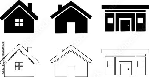 Home icon set for web design. House symbol collection for website homepage button. Simple black glyph, real estate pictogram. Vector graphic element for user interface UI and UX.
