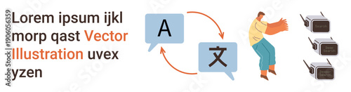 Language learning, global communication, translation services, multilingual education, AI language tools, tech innovation. Speech bubbles, person interacting and audio devices. Language learning