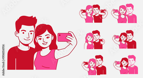 Couple Taking Selfie Together Illustration Set.