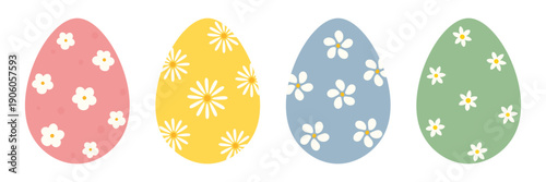 Cute pastel Easter eggs with flowers in flat style, isolated on a transparent background. PNG. Vector illustration
