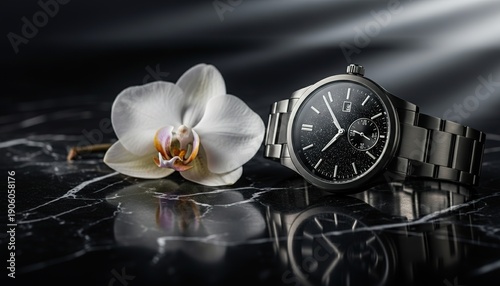 Luxury watch with white orchid flower.