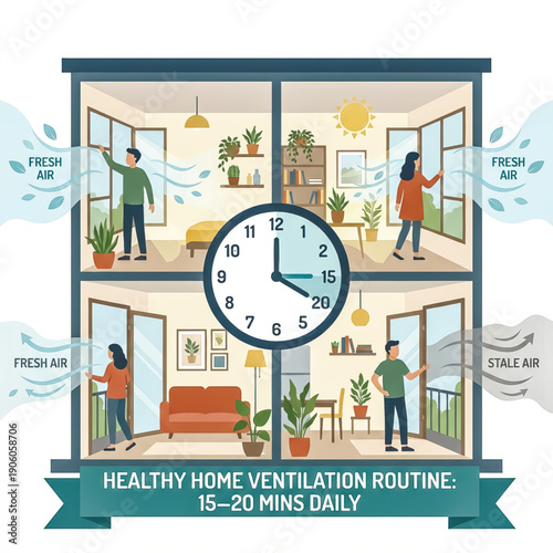 An infographic explaining the benefits of a daily home ventilation routine. People opening windows to let fresh air in and stale air out.. Vector illustration