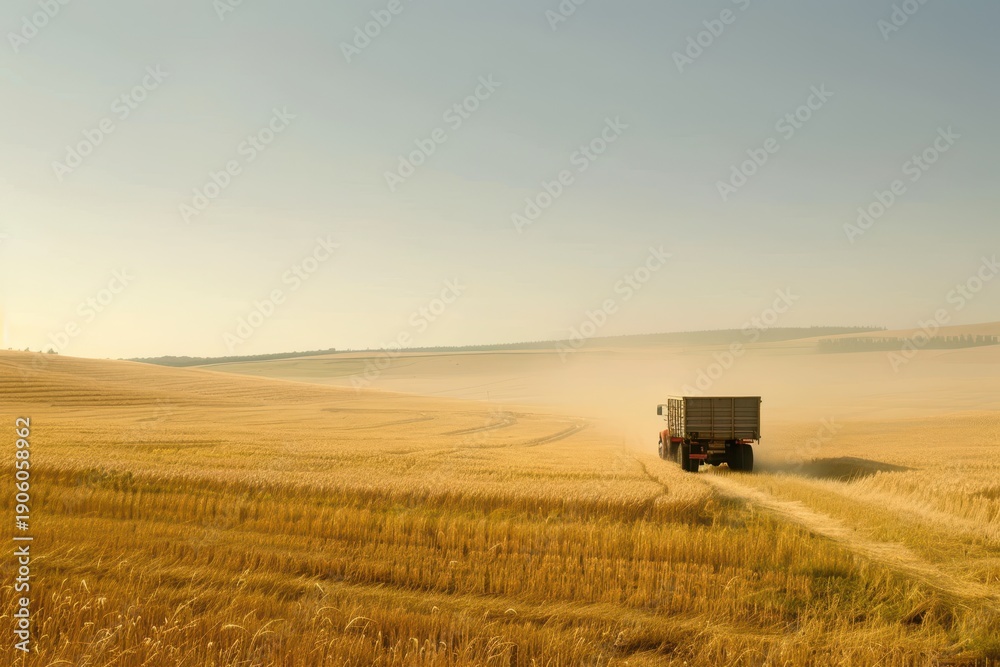 Fototapeta premium Red farm truck full of golden grain driving through a dry wheat field under a blue sky