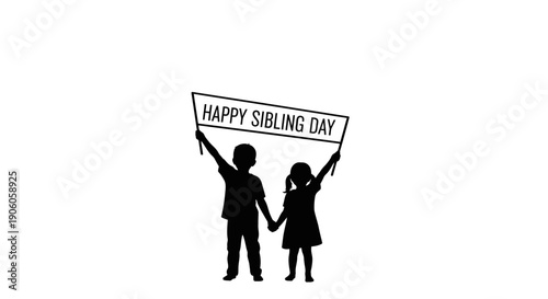Silhouette of brother and sister holding hands and banner for Sibling Day.
