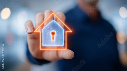 Hand holding a secure house hologram with keyhole symbolizing smart home protection and digital access control.
