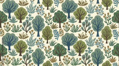 Vibrant forest pattern with trees and plants in modern style