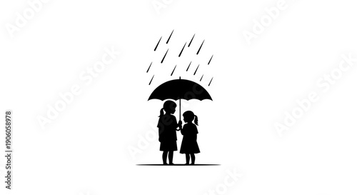 Silhouette of a mother and child standing together under an umbrella in the rain.