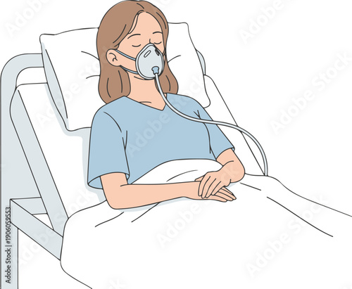 Young woman in a hospital bed wearing an oxygen mask, clinical flat-style vector illustration