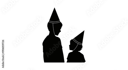 Silhouettes of a man and a child wearing pointed hats facing each other.
