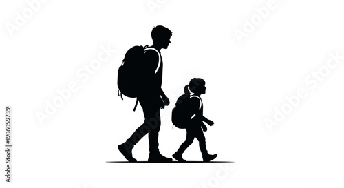 Silhouette of adult and child walking together with backpacks.