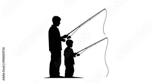 Father and son fishing together with rods.