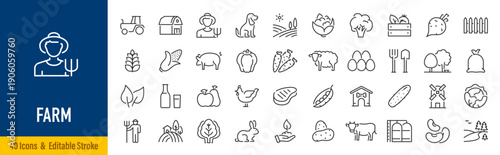 Farming web icons in line style. Agriculture, planting, fertilizer, vegetables, tractor, farmers, fence, farm buildings, collection. Editable stroke. Vector illustration.