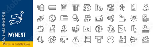 Payment web icons in line style. Money, payment methods, pay online, card, business, wallet, bank, collection. Editable stroke. Vector illustration.