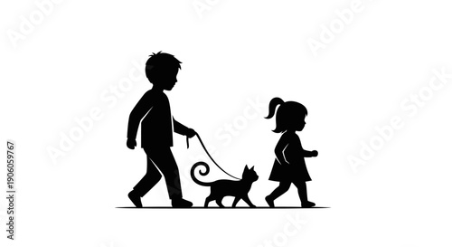 Silhouette of a boy and girl walking a cat on a leash together.