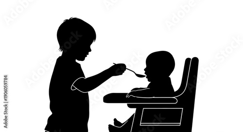 Silhouette of a child feeding another child with a spoon.