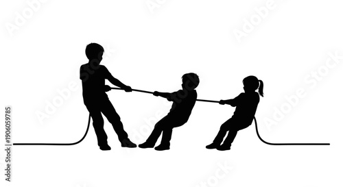 Three children engaged in a game of tug of war.